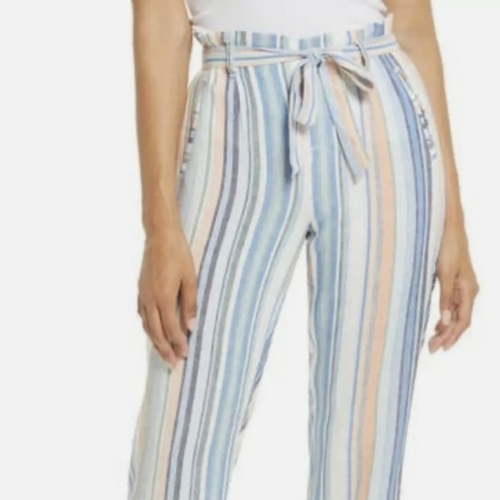 NEW CASLON High Rise Stripe Tie Waist Pants In Blue-Coral Multi Stripe,SZ: S(4-6